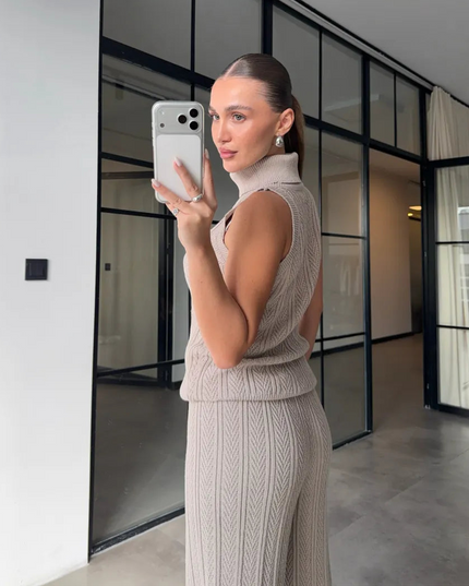 Elegant Patterned Turtleneck Knit 3-Piece Set - Stone Color Comfort