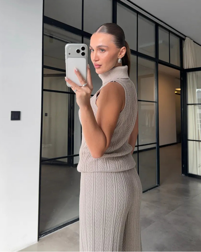 Elegant Patterned Turtleneck Knit 3-Piece Set - Stone Color Comfort