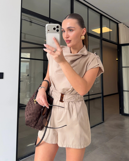 Mandy Draped Belt Jumpsuit - Beige