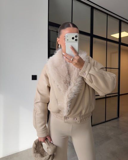 Chic Ecru Faux Leather Jacket with Plush Fur Collar for Women