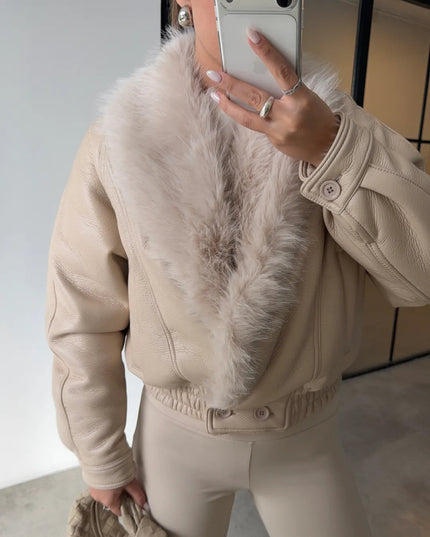 Chic Ecru Faux Leather Jacket with Plush Fur Collar for Women