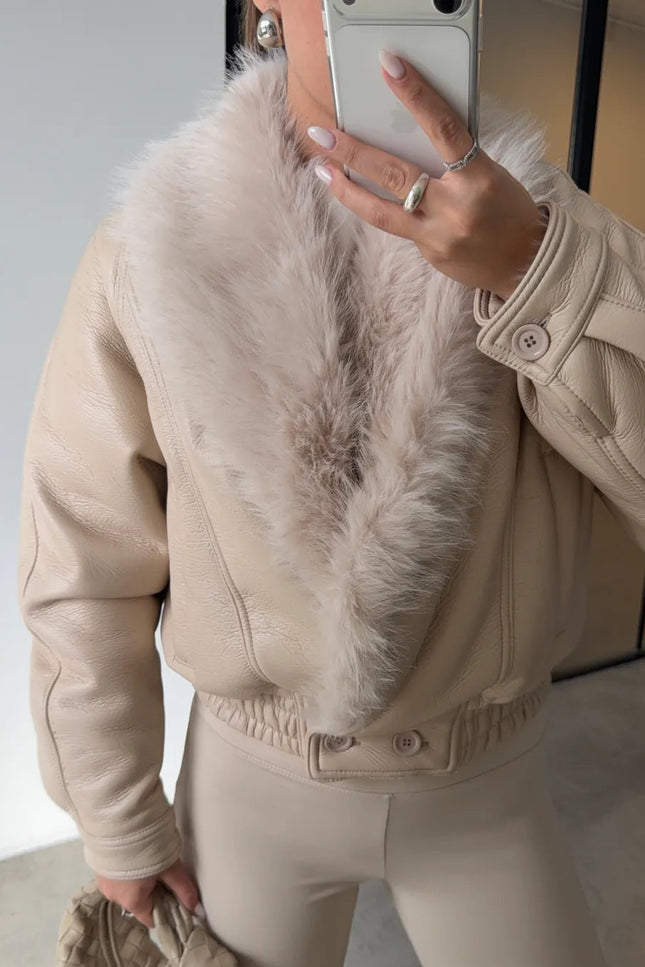 Chic Ecru Faux Leather Jacket with Plush Fur Collar for Women