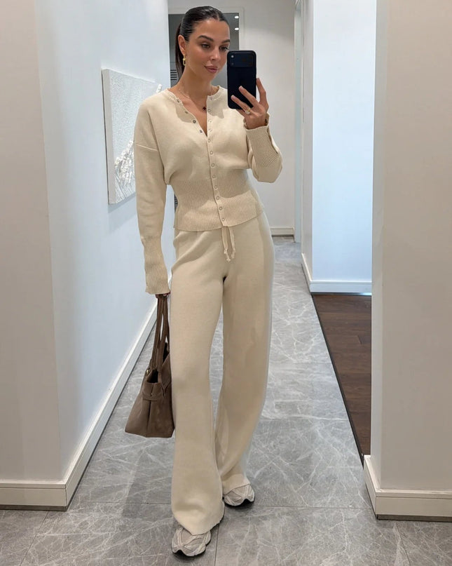 Waist-Detailed Knit Two-Piece Set: Comfortable Cardigan & Elasticated Trousers