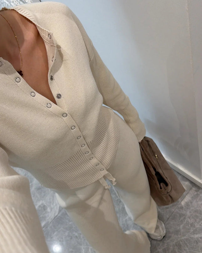 Waist-Detailed Knit Two-Piece Set: Comfortable Cardigan & Elasticated Trousers