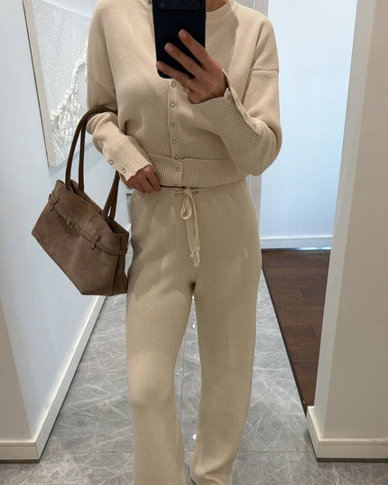 Waist-Detailed Knit Two-Piece Set: Comfortable Cardigan & Elasticated Trousers
