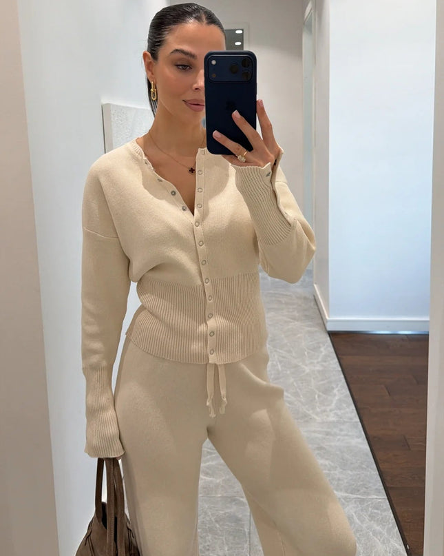 Waist-Detailed Knit Two-Piece Set: Comfortable Cardigan & Elasticated Trousers