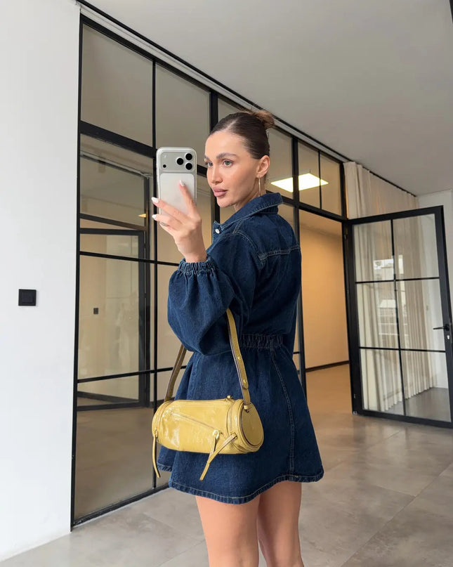 BELİ LASTİKLİ DENİM ELBİSE