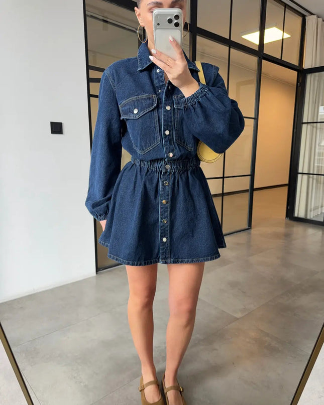 BELİ LASTİKLİ DENİM ELBİSE