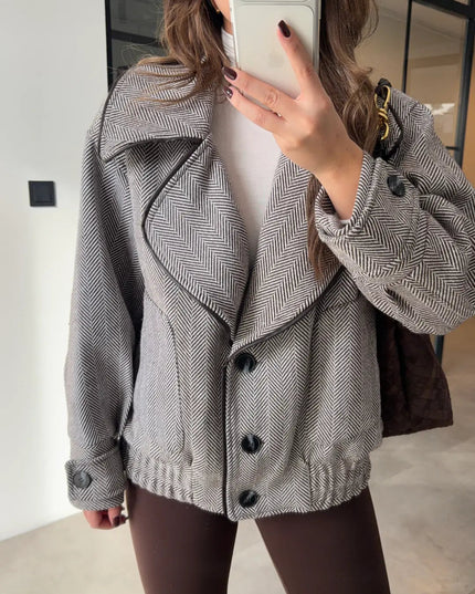 Chic Herringbone Wool Blend Bomber Jacket for Women - Casual & Stylish Outerwear