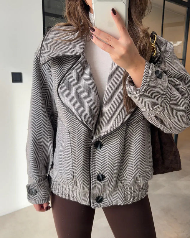 Chic Herringbone Wool Blend Bomber Jacket for Women - Casual & Stylish Outerwear