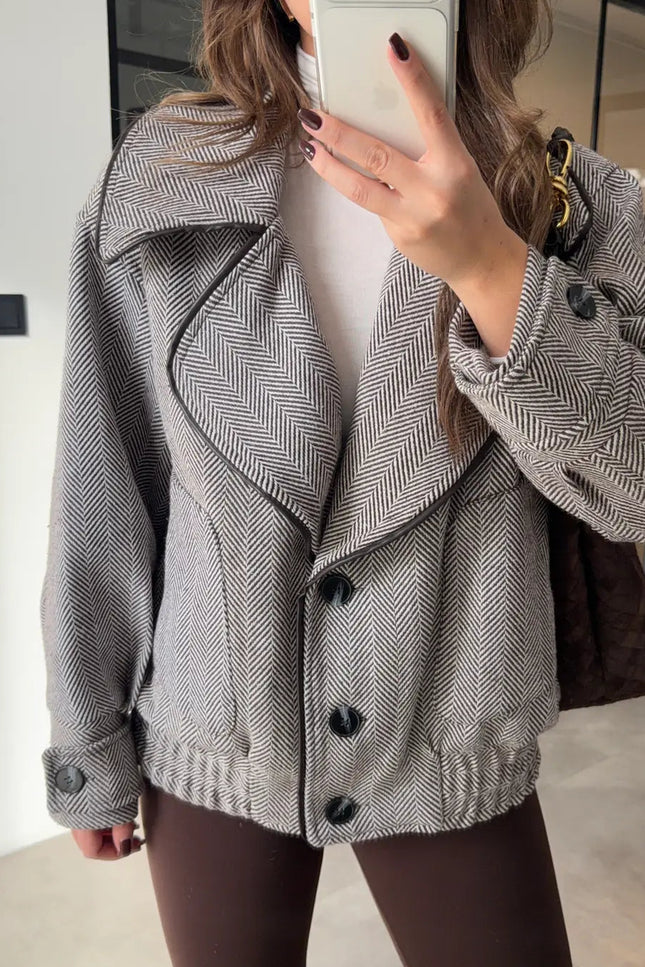 Chic Herringbone Wool Blend Bomber Jacket for Women - Casual & Stylish Outerwear