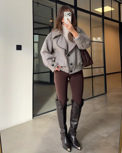 Chic Herringbone Wool Blend Bomber Jacket for Women - Casual & Stylish Outerwear