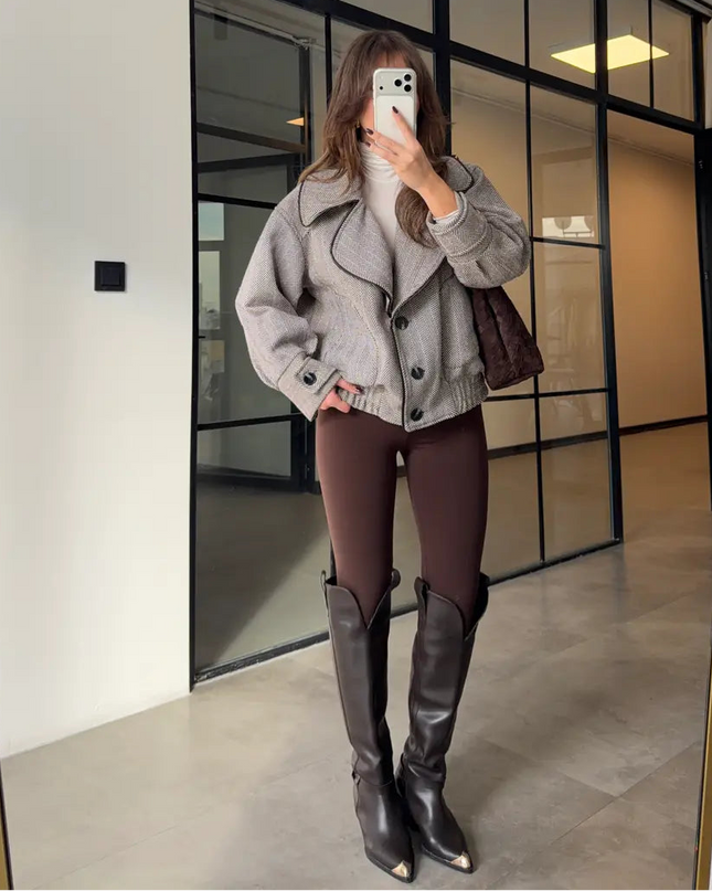 Chic Herringbone Wool Blend Bomber Jacket for Women - Casual & Stylish Outerwear