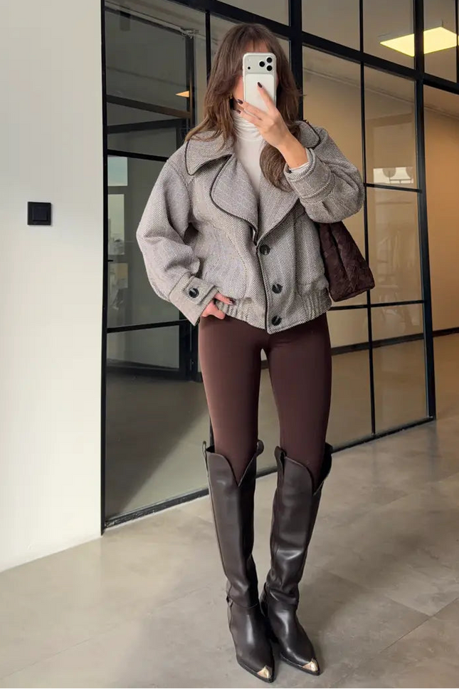 Chic Herringbone Wool Blend Bomber Jacket for Women - Casual & Stylish Outerwear