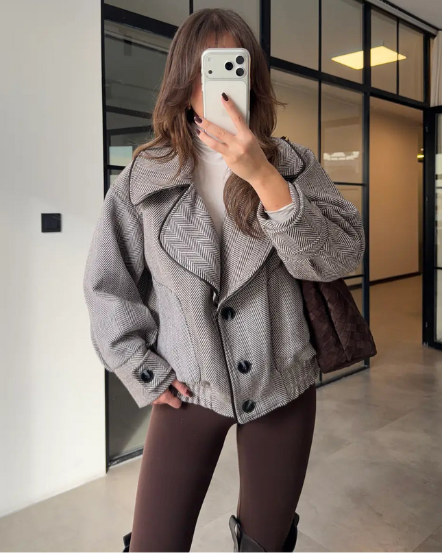 Chic Herringbone Wool Blend Bomber Jacket for Women - Casual & Stylish Outerwear