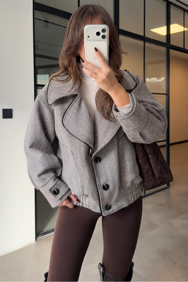 Chic Herringbone Wool Blend Bomber Jacket for Women - Casual & Stylish Outerwear