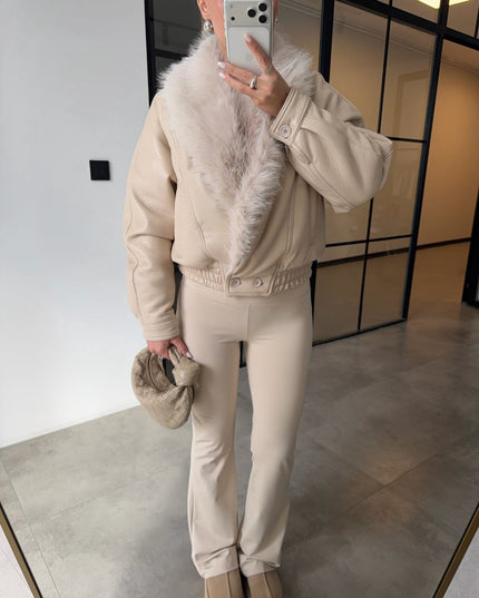 Chic Ecru Faux Leather Jacket with Plush Fur Collar for Women
