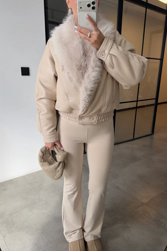 Chic Ecru Faux Leather Jacket with Plush Fur Collar for Women