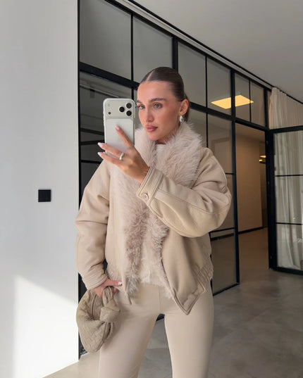 Chic Ecru Faux Leather Jacket with Plush Fur Collar for Women