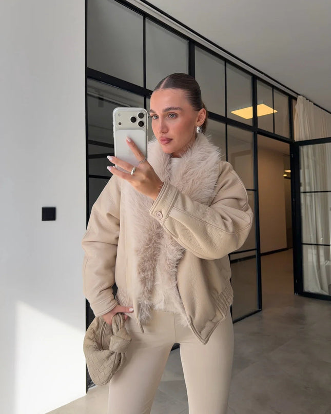 Chic Ecru Faux Leather Jacket with Plush Fur Collar for Women