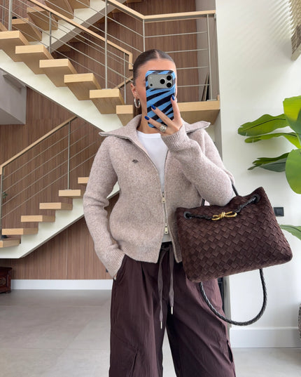 Double-Zip Wool Textured Knitted Cardigan