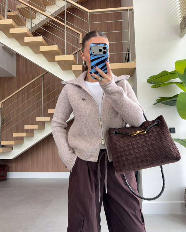 Double-Zip Wool Textured Knitted Cardigan