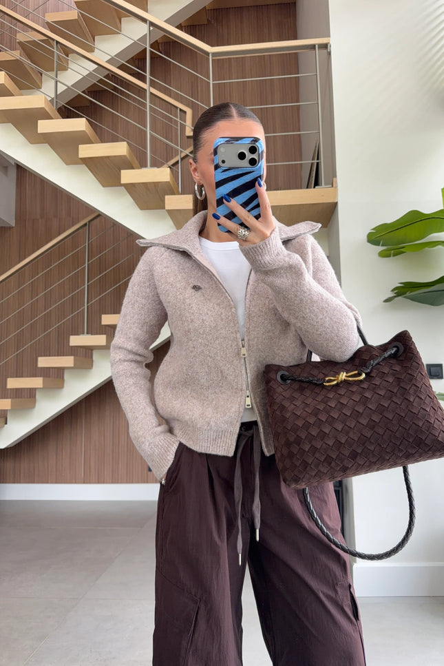 Double-Zip Wool Textured Knitted Cardigan