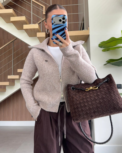 Double-Zip Wool Textured Knitted Cardigan