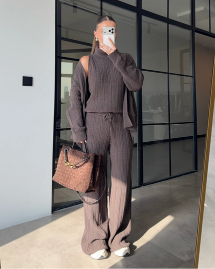 Chic Turtleneck Patterned 3-Piece Mink Knit Sweater Set for Women