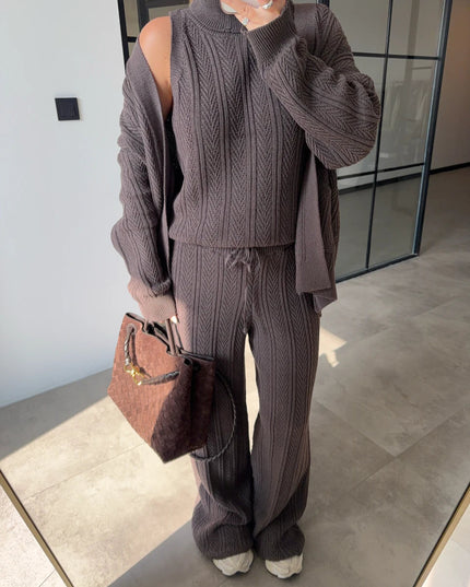 Chic Turtleneck Patterned 3-Piece Mink Knit Sweater Set for Women