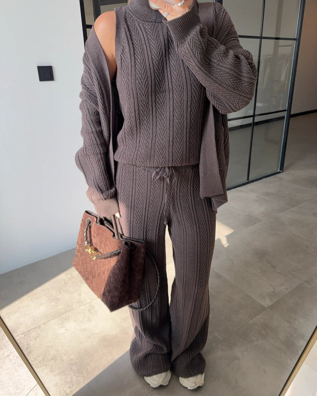 Chic Turtleneck Patterned 3-Piece Mink Knit Sweater Set for Women