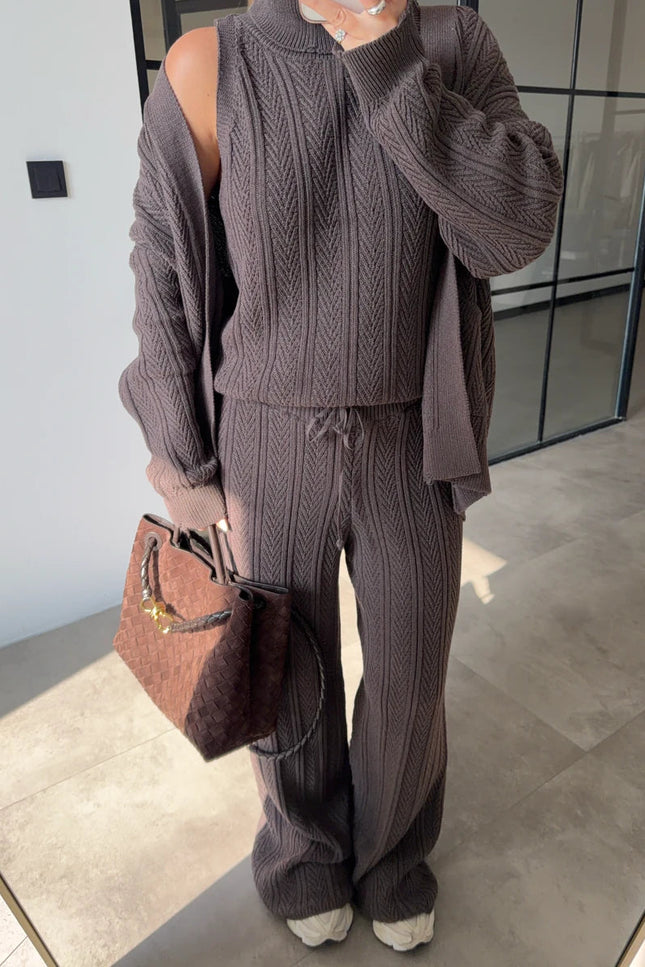 Chic Turtleneck Patterned 3-Piece Mink Knit Sweater Set for Women
