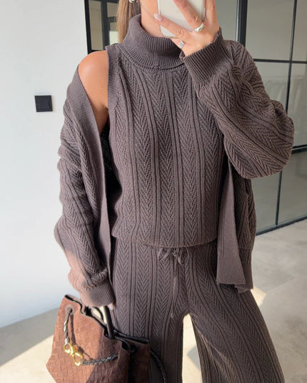 Chic Turtleneck Patterned 3-Piece Mink Knit Sweater Set for Women