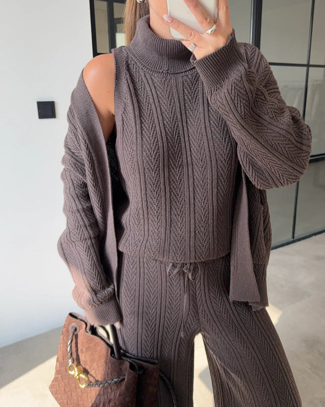 Chic Turtleneck Patterned 3-Piece Mink Knit Sweater Set for Women