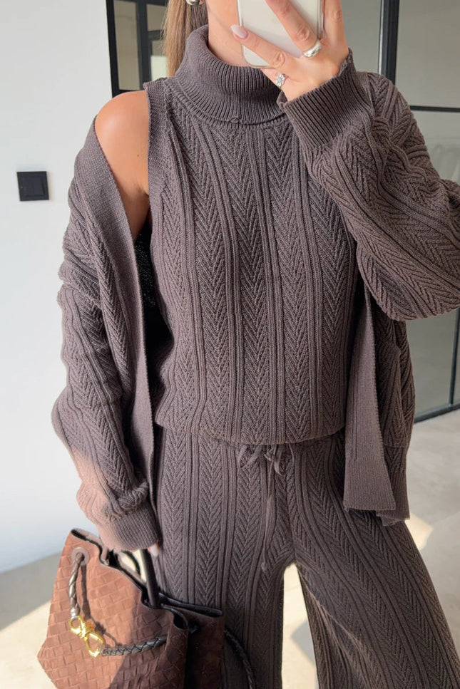 Chic Turtleneck Patterned 3-Piece Mink Knit Sweater Set for Women