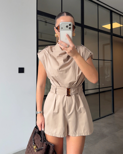Mandy Draped Belt Jumpsuit - Beige