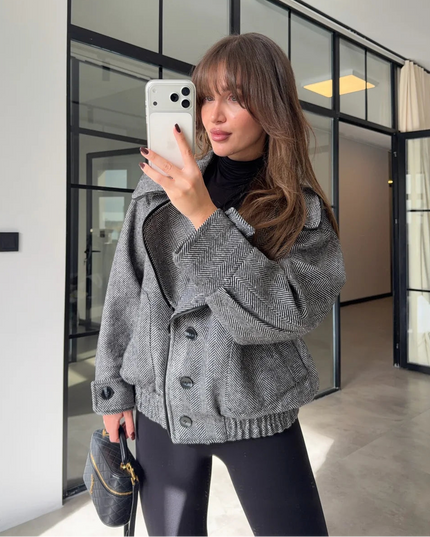 Elegant Herringbone Wool-Blend Bomber Jacket with Ribbed Trim