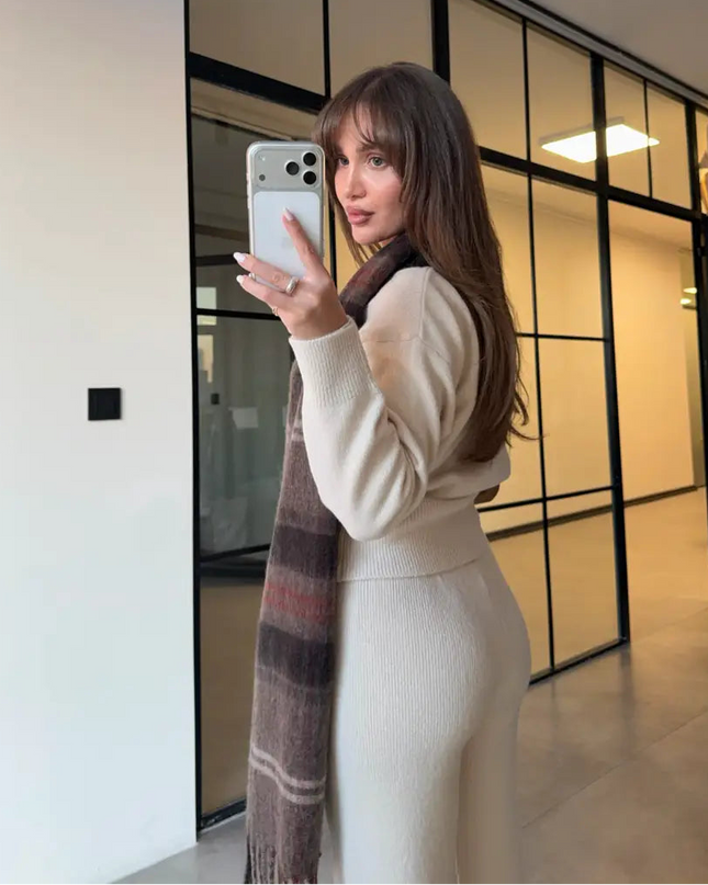 Sophisticated Beige Crew Neck Buttoned Cardigan and Trousers Knitwear Set