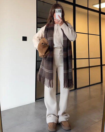 Sophisticated Beige Crew Neck Buttoned Cardigan and Trousers Knitwear Set