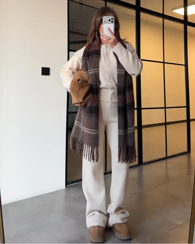 Sophisticated Beige Crew Neck Buttoned Cardigan and Trousers Knitwear Set