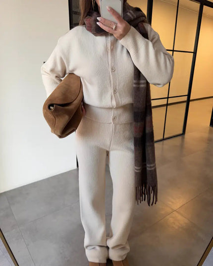 Sophisticated Beige Crew Neck Buttoned Cardigan and Trousers Knitwear Set