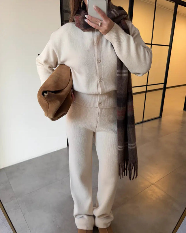 Sophisticated Beige Crew Neck Buttoned Cardigan and Trousers Knitwear Set