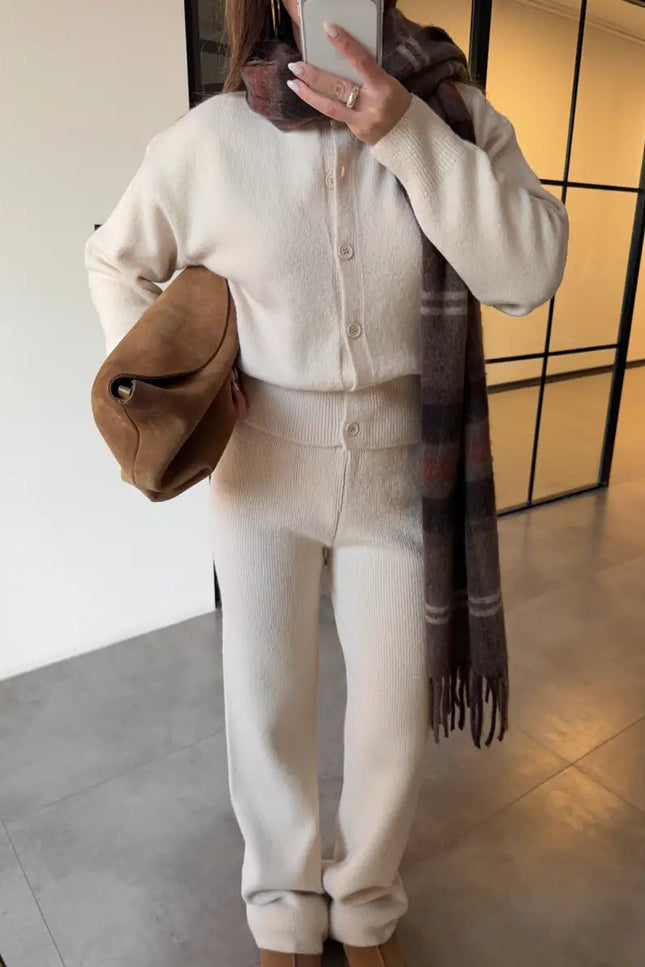 Sophisticated Beige Crew Neck Buttoned Cardigan and Trousers Knitwear Set