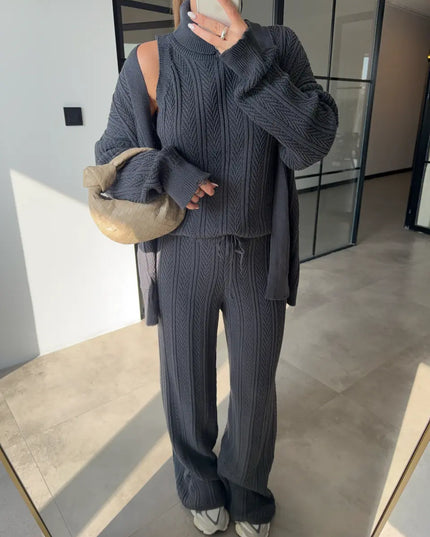 Chic Anthracite Patterned Turtleneck Three-Piece Cozy Knitwear Set for Women