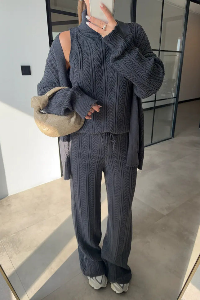 Chic Anthracite Patterned Turtleneck Three-Piece Cozy Knitwear Set for Women