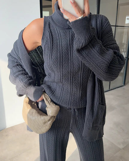 Chic Anthracite Patterned Turtleneck Three-Piece Cozy Knitwear Set for Women