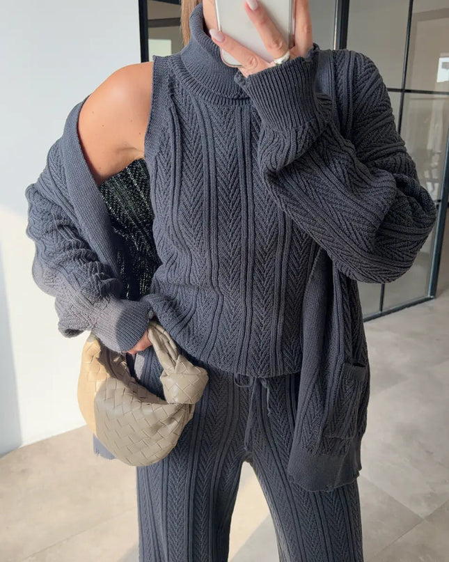 Chic Anthracite Patterned Turtleneck Three-Piece Cozy Knitwear Set for Women