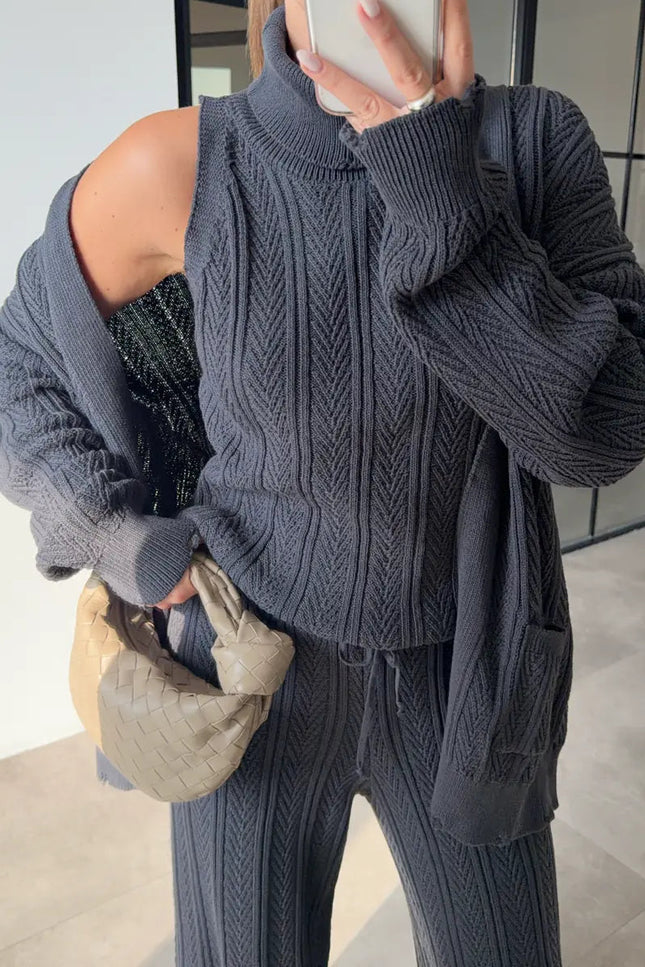 Chic Anthracite Patterned Turtleneck Three-Piece Cozy Knitwear Set for Women