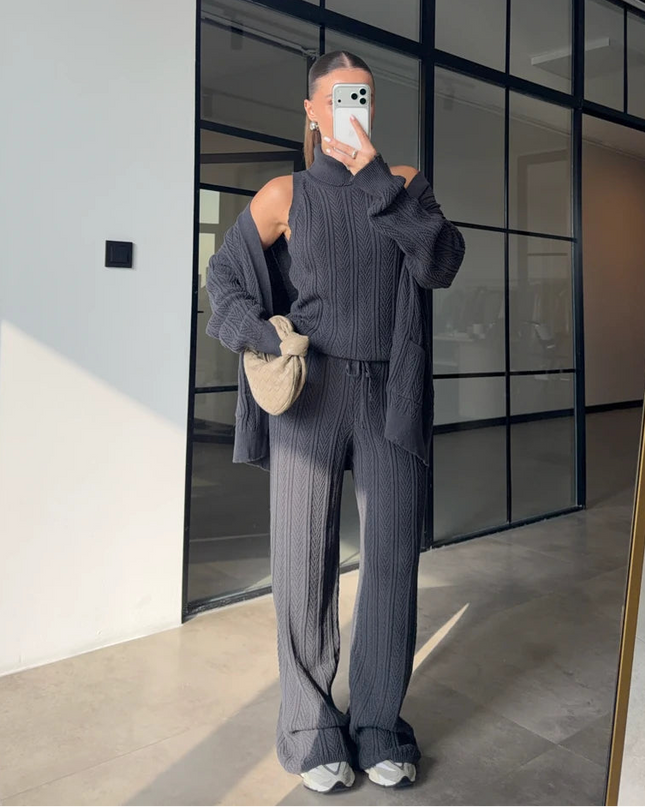 Chic Anthracite Patterned Turtleneck Three-Piece Cozy Knitwear Set for Women