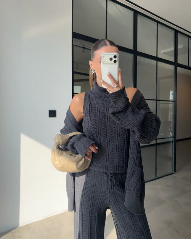 Chic Anthracite Patterned Turtleneck Three-Piece Cozy Knitwear Set for Women